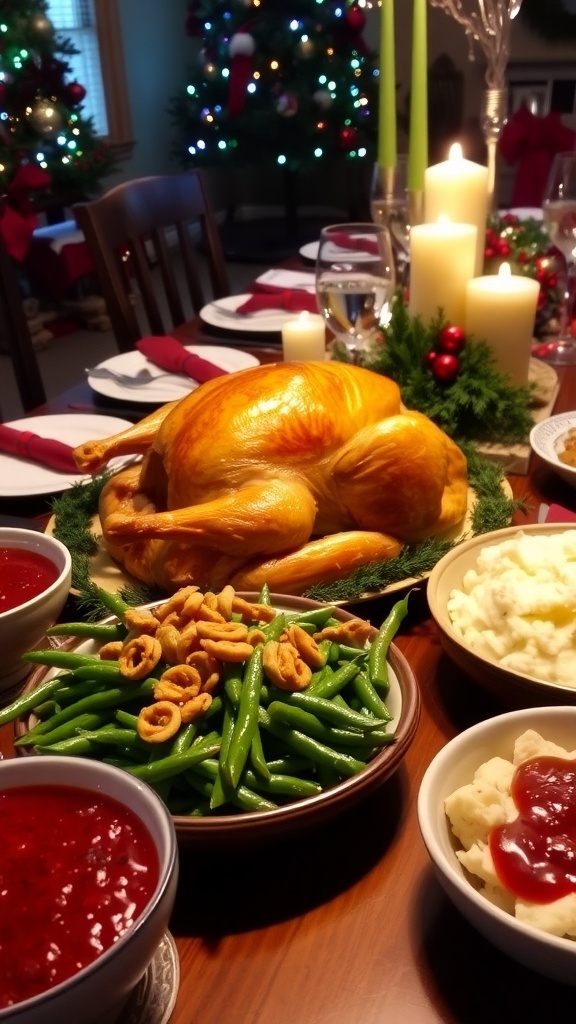 A festive Christmas dinner table with roast turkey, green bean casserole, mashed potatoes, and cranberry sauce.
